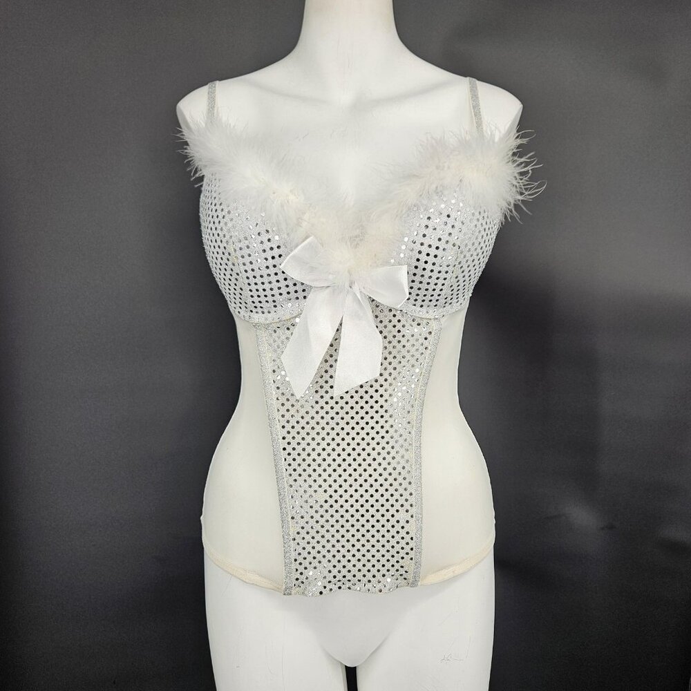 Passion Forever Bustier Womens Large White Sequin Feather Polka Dot Lingerie